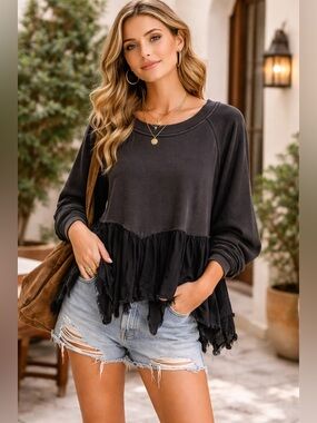 Free People Black Frayed Ruffle Hem Sweatshirt